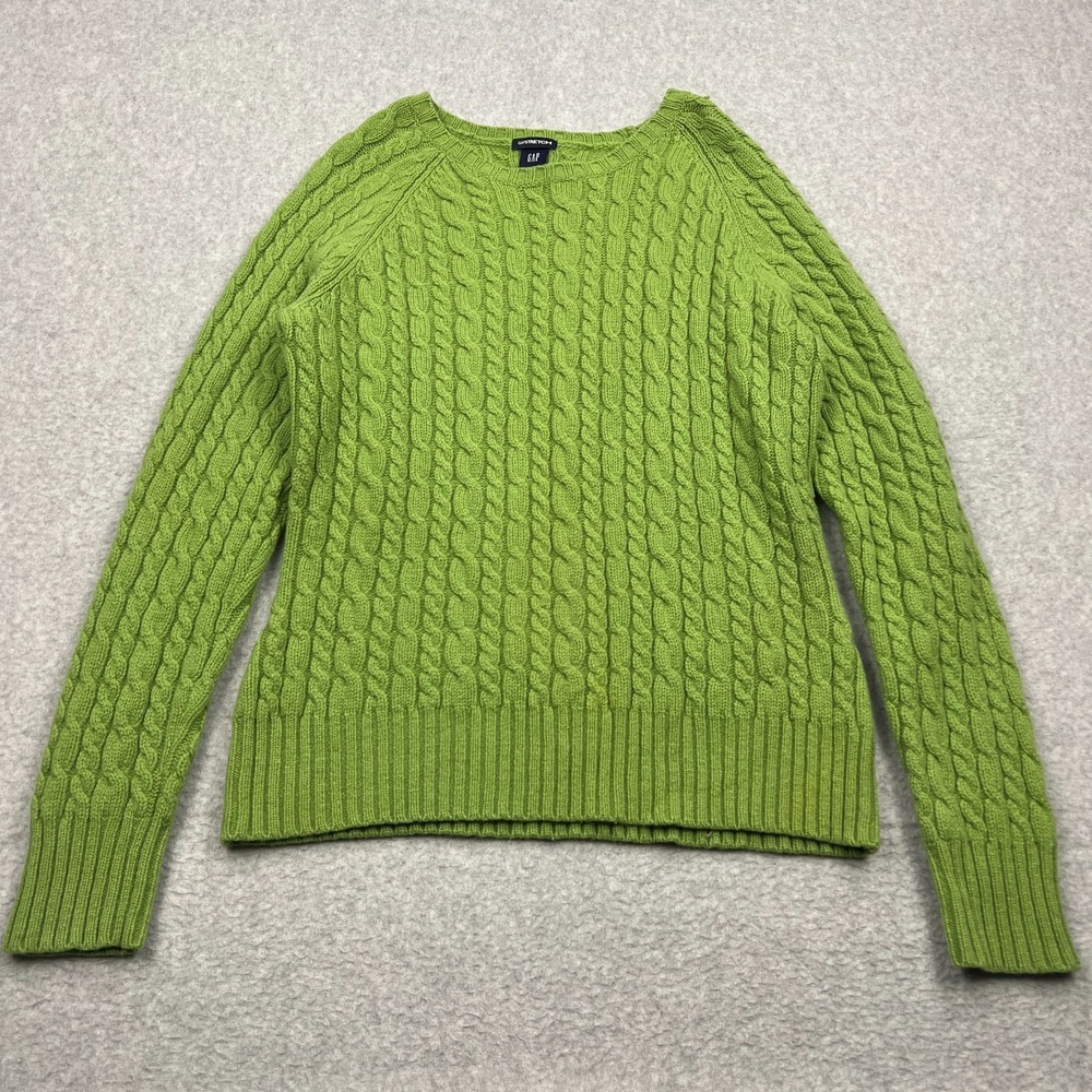 Vintage GAP Sweater Women's Large Green Lambswool Stretch Cable Knit Chunky 00s